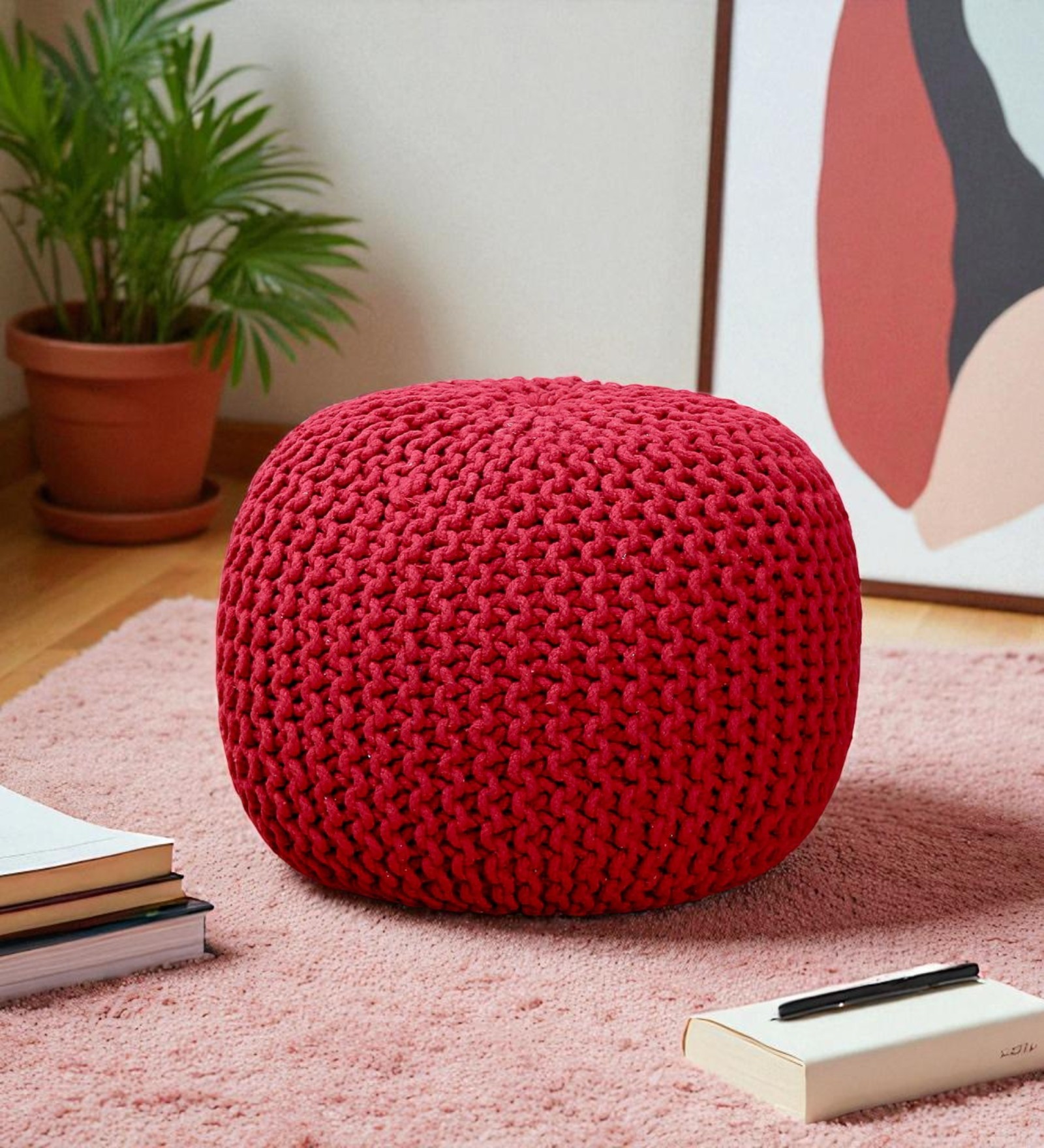 Serene Pouffe – Red (Hand-Knitted Cotton Pouffe)