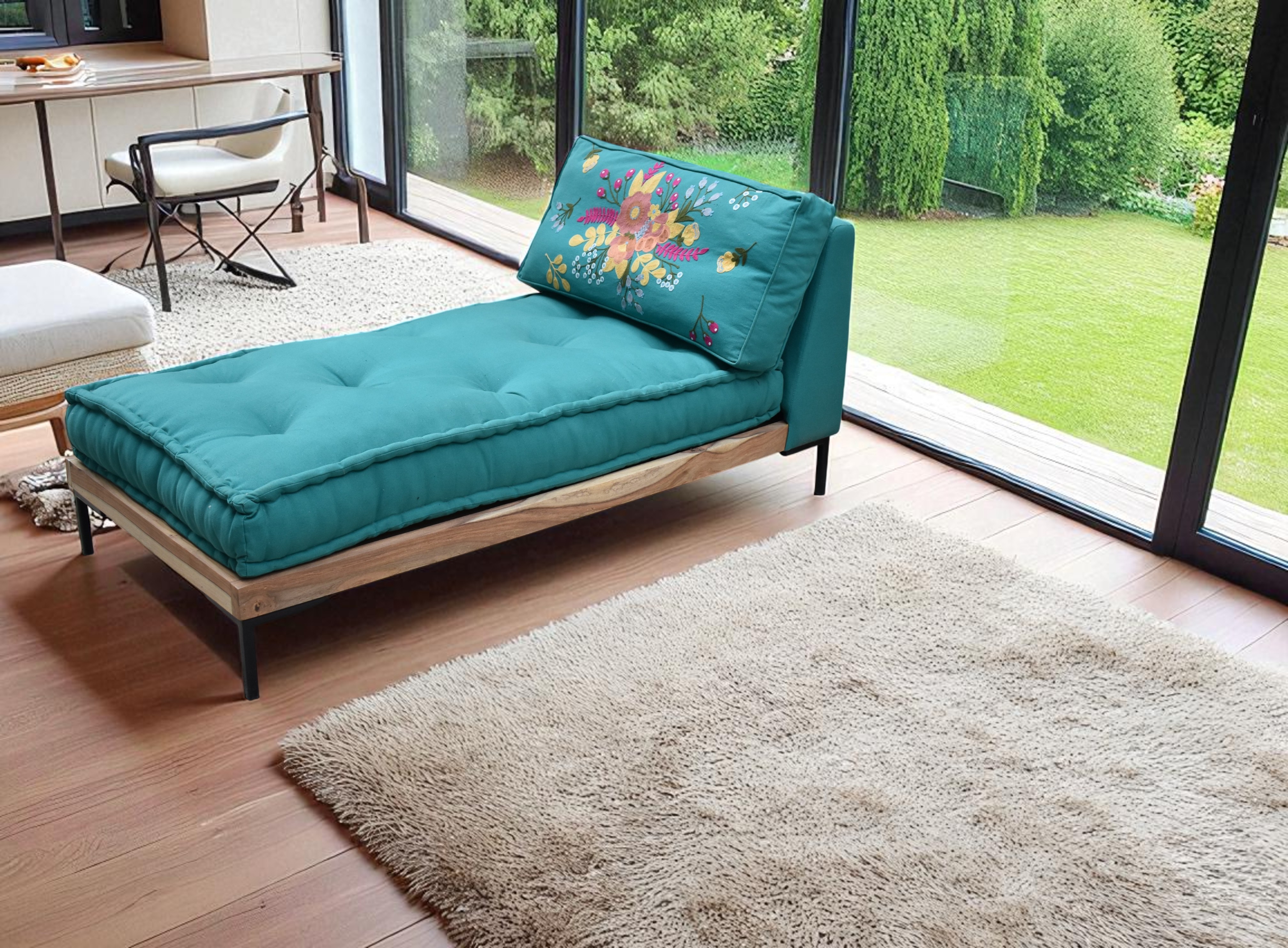 Embroidered Teal Chaise Lounge