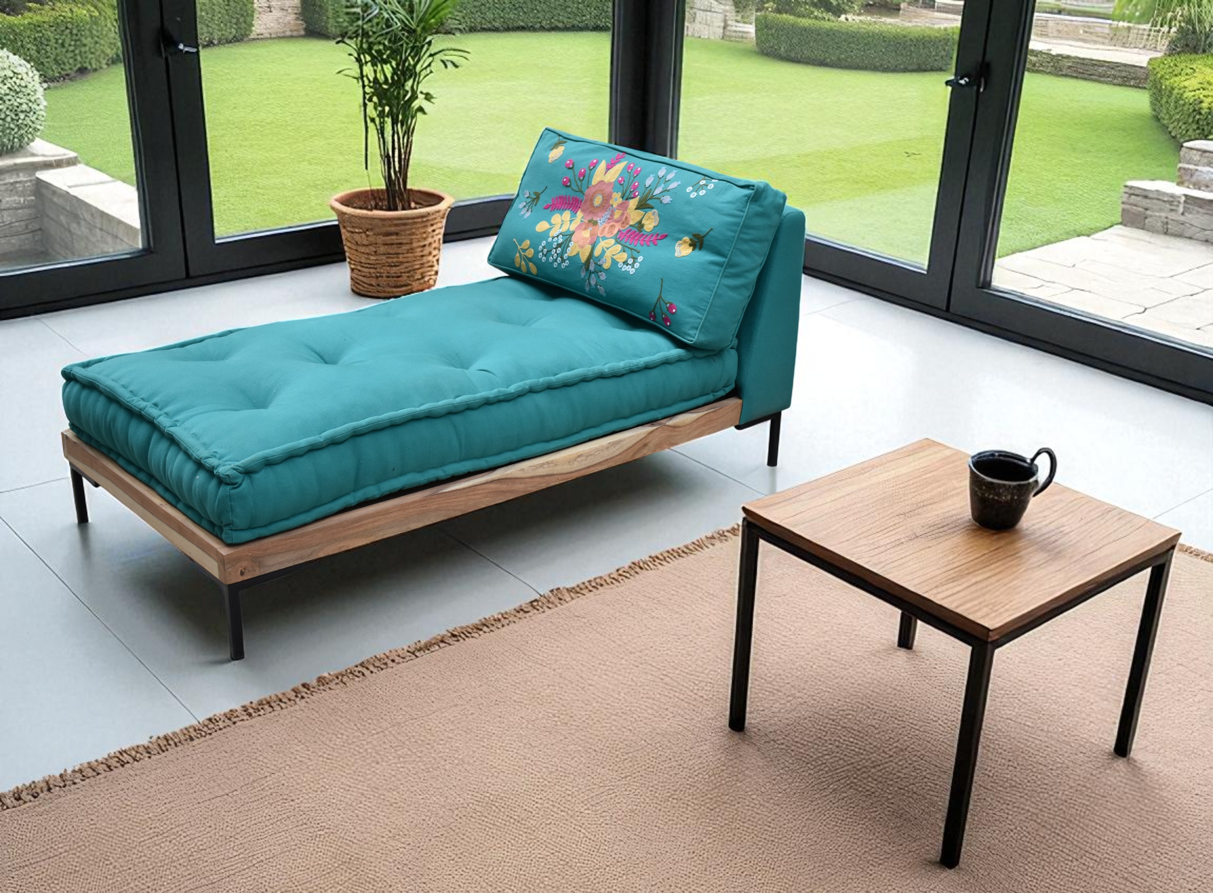 Embroidered Teal Chaise Lounge