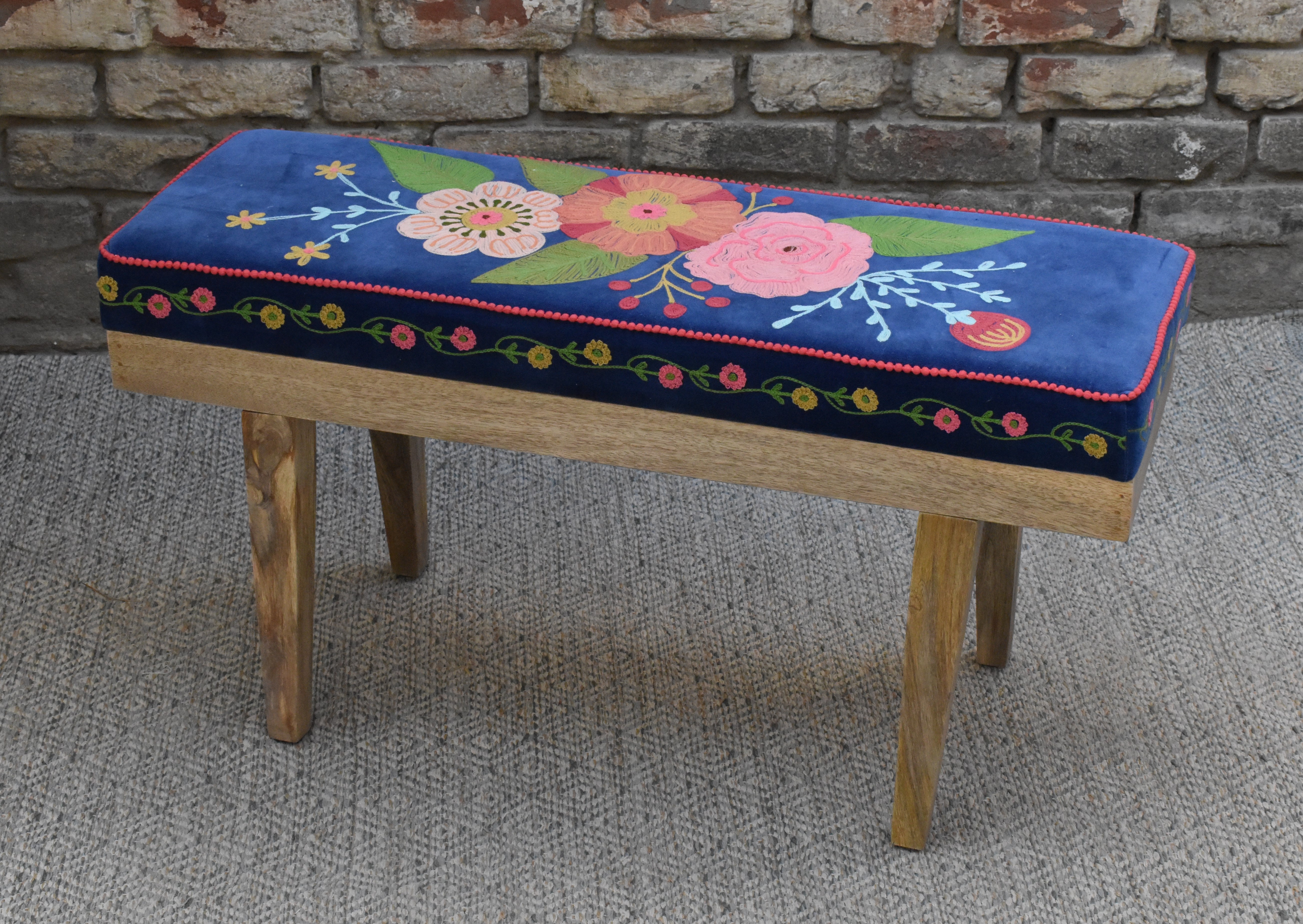 Bloom Velvet Embroidered Bench – Royal Blue
