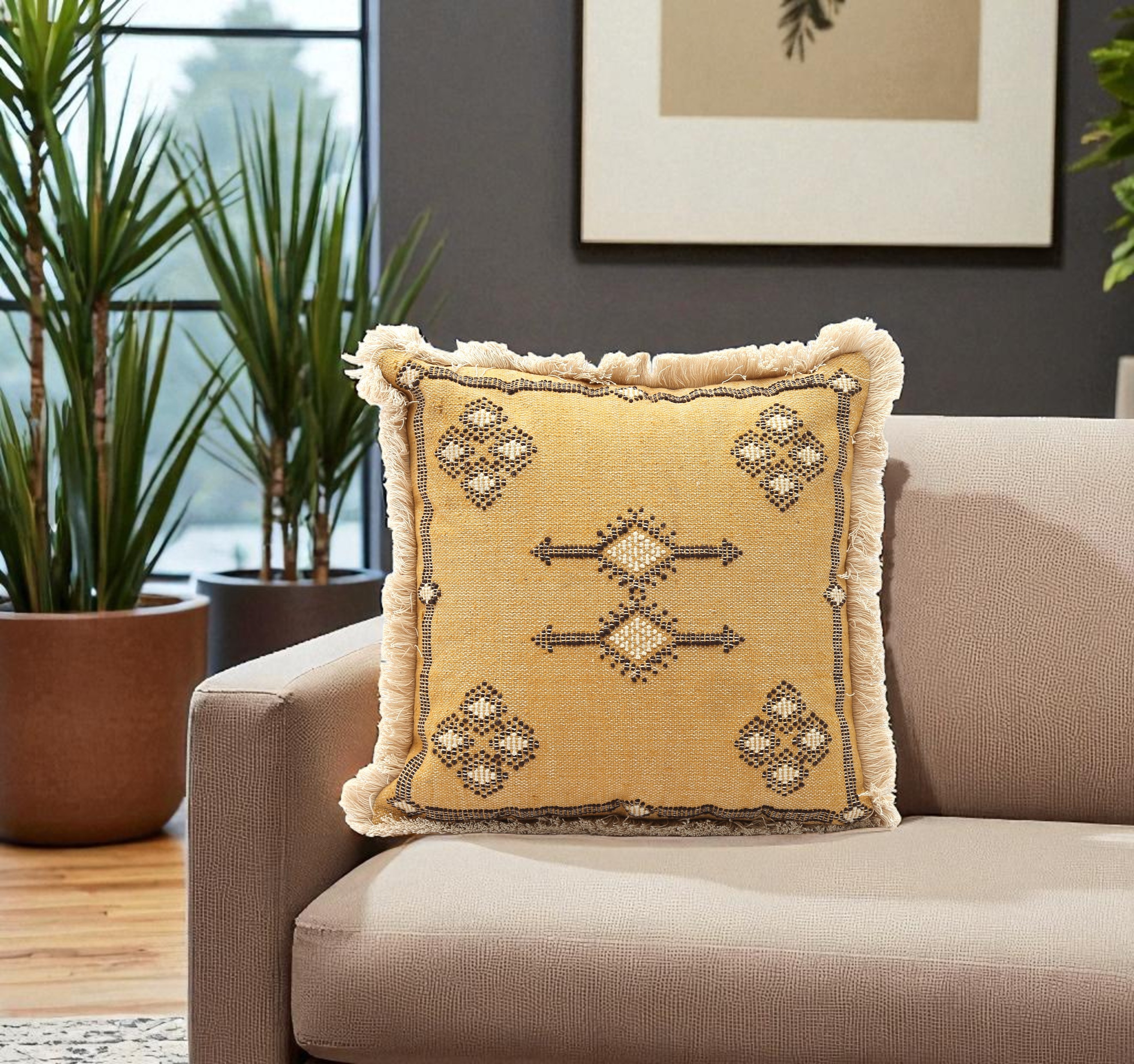 Golden Tribal Fringe Cushion