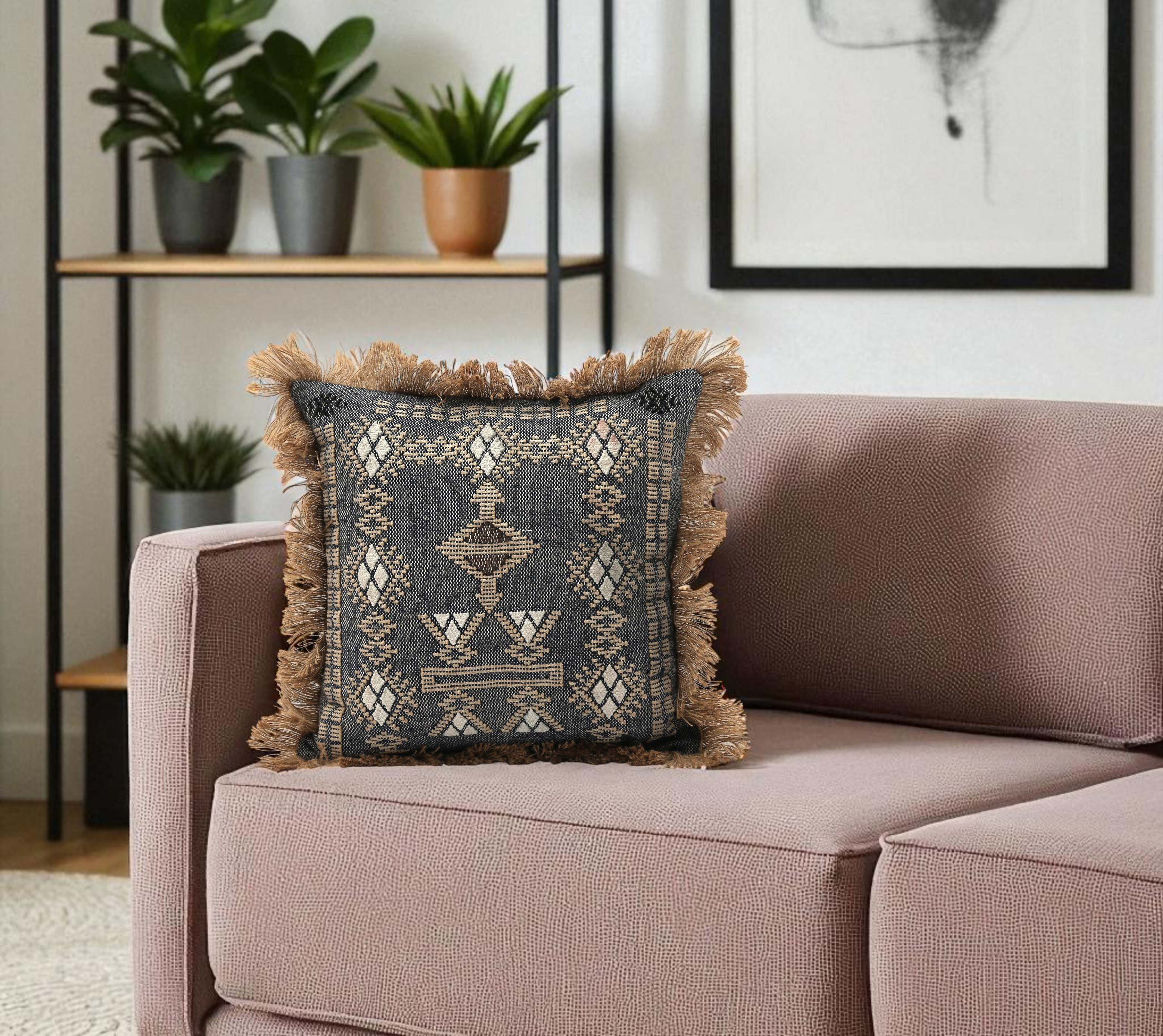 Midnight Tribal Fringe Cushion